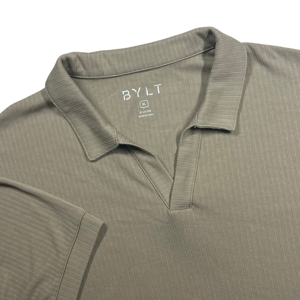 BYLT Ribbed Short Sleeve Open V Polo Shirt Men's XL Beige Tan Drop Cut MTPOL0289